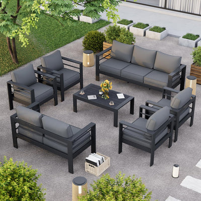 Aluminum Patio Furniture Set, 7 Piece Metal Outdoor Set, Patio Furniture Set with Waterproof Covers for Backyard Garden(Grey)