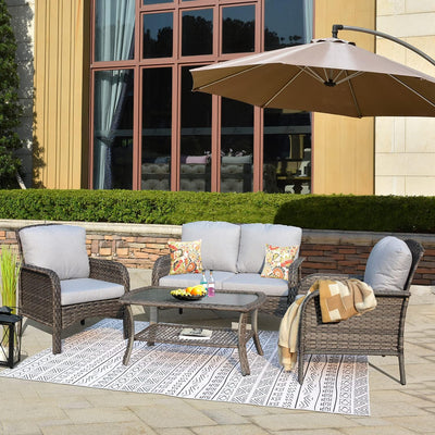 4 Pieces Outdoor Wicker Patio Furniture Set, All Weather Rattan High Back Loveseat with Cushions, Coffee Table and Armchairs, Modern Garden or Backyard Lounge Set (Grey Rattan-Grey Cushion)