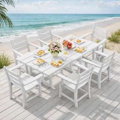 8 PCS HIPS Patio Dining Set W/13 Ft Double-Sided Patio Umbrella, 71" X 38" Rectangle Patio Dining Table with Chairs for 6, All-Weather Large Table for Deck Lawn Porch, White