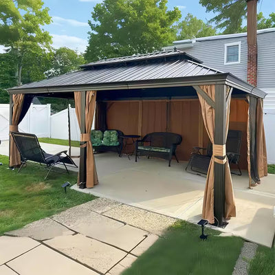 12 Ft.X 20 Ft.Bronze Aluminum Power-Coated Frame Galvanized Steel Double Roof Hardtop Gazebo,Hooks,Netting,Khaki Curtain