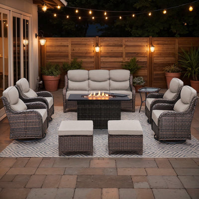 9 Pieces Patio Furniture Sets with Fire Pit Table,Swivel Chairs with 6" Thick Cushion,Sofa and Ottomans,Patio Conversation Sets for Porch Deck Garden Backyard