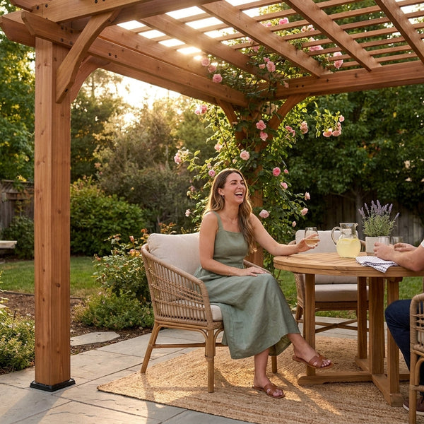 Outdoor Pergola Built for Natural Shade Creation, All Cedar Wood Construction, 10x10 Coverage, Ground Anchors