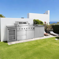 Modular Outdoor Kitchen Built for Complete Patio Cooking, Gas Grill, Sink, Refrigerator, Storage Cabinets