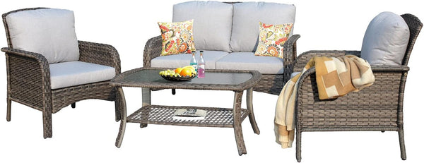4 Pieces Outdoor Wicker Patio Furniture Set, All Weather Rattan High Back Loveseat with Cushions, Coffee Table and Armchairs, Modern Garden or Backyard Lounge Set (Grey Rattan-Grey Cushion)