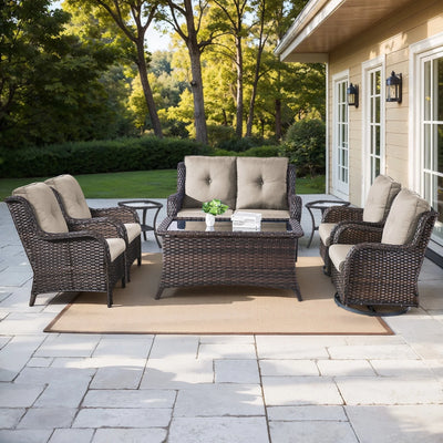 8 Pieces Patio Furniture Sets with Swivel Rocking Chairs,High-Back Rattan Patio Outdoor Conversation Set with 2-Seat Sofa & Coffee Table for Porch Deck Backyard Poolside