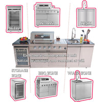 Modular Outdoor Kitchen Built for Complete Patio Cooking, Gas Grill, Sink, Refrigerator, Storage Cabinets
