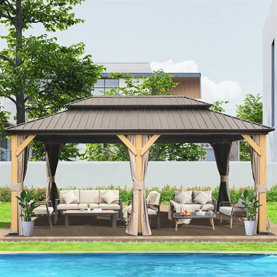 12X20 Ft Cedar Wood Gazebo Canopy with Roof, Curtains, and Netting