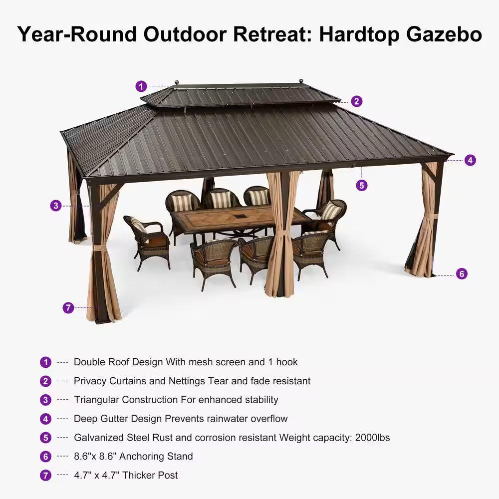 12 Ft.X 20 Ft.Bronze Aluminum Power-Coated Frame Galvanized Steel Double Roof Hardtop Gazebo,Hooks,Netting,Khaki Curtain