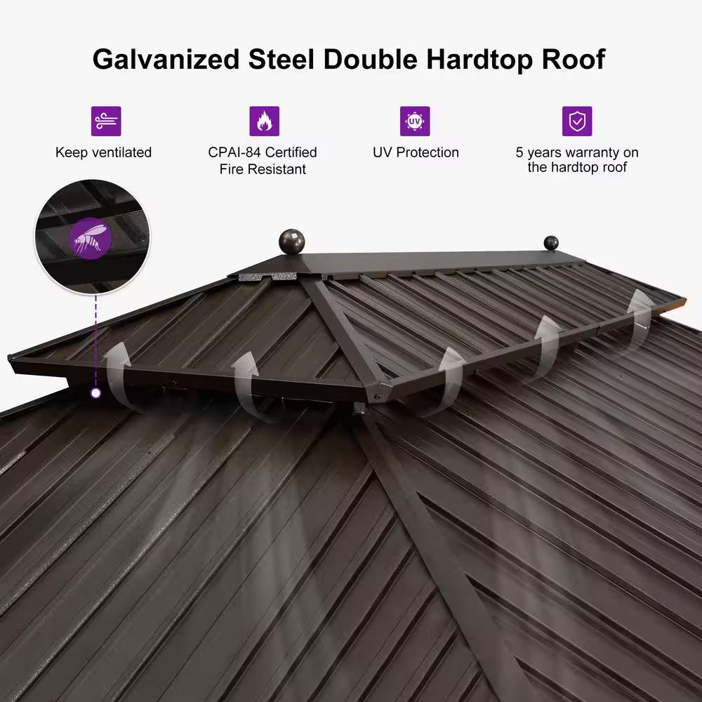 12 Ft.X 20 Ft.Bronze Aluminum Power-Coated Frame Galvanized Steel Double Roof Hardtop Gazebo,Hooks,Netting,Khaki Curtain