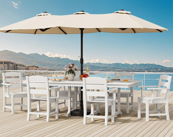 8 PCS HIPS Patio Dining Set W/13 Ft Double-Sided Patio Umbrella, 71" X 38" Rectangle Patio Dining Table with Chairs for 6, All-Weather Large Table for Deck Lawn Porch, White