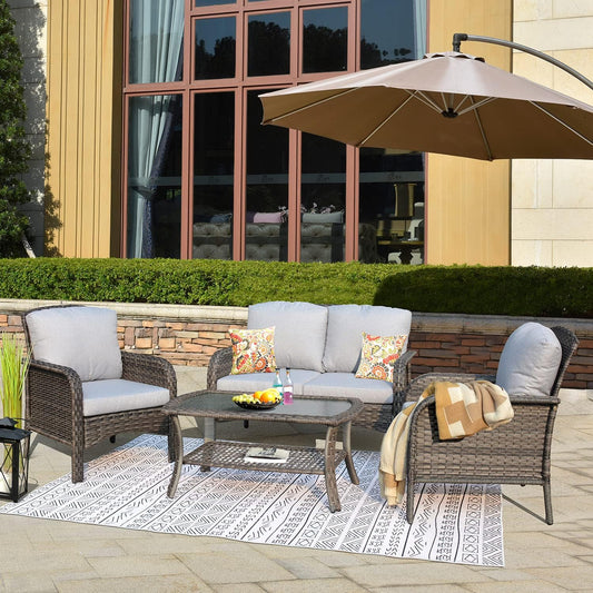 4 Pieces Outdoor Wicker Patio Furniture Set, All Weather Rattan High Back Loveseat with Cushions, Coffee Table and Armchairs, Modern Garden or Backyard Lounge Set (Grey Rattan-Grey Cushion)