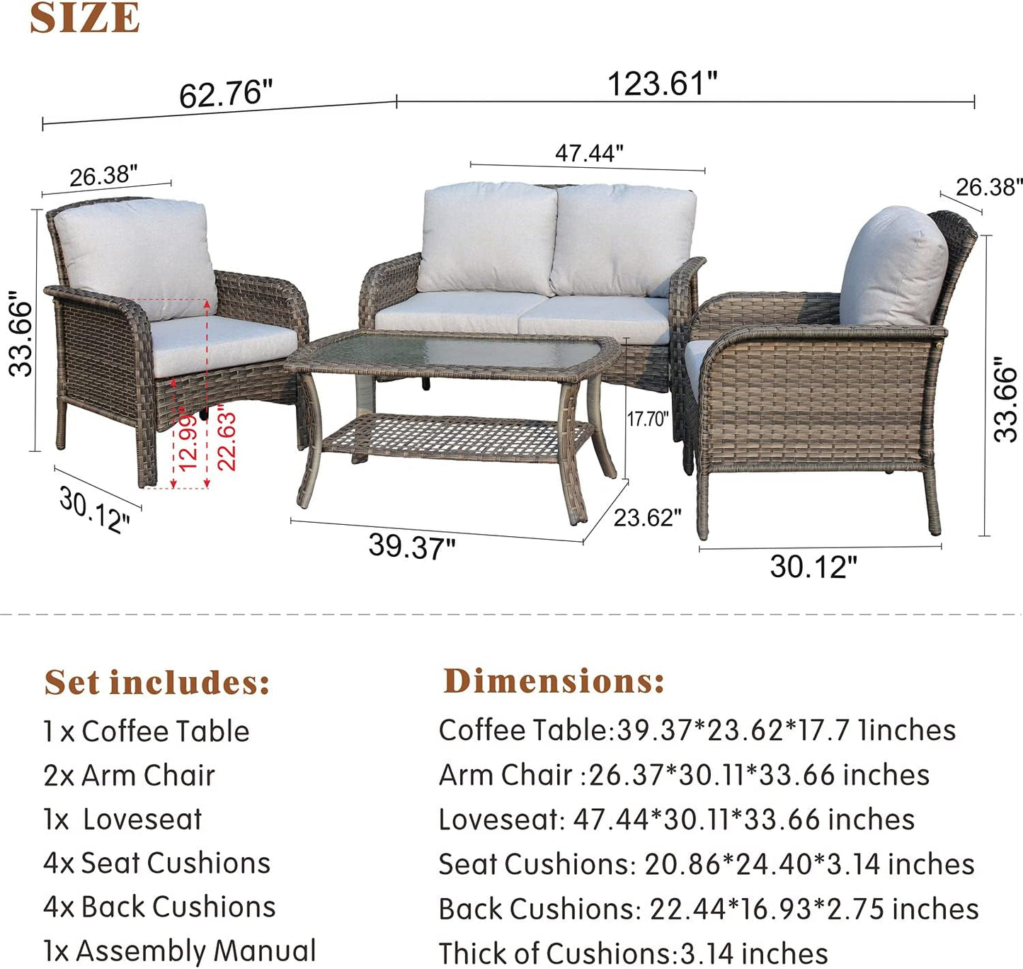 4 Pieces Outdoor Wicker Patio Furniture Set, All Weather Rattan High Back Loveseat with Cushions, Coffee Table and Armchairs, Modern Garden or Backyard Lounge Set (Grey Rattan-Grey Cushion)