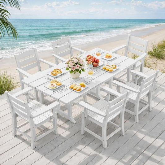 8 PCS HIPS Patio Dining Set W/13 Ft Double-Sided Patio Umbrella, 71" X 38" Rectangle Patio Dining Table with Chairs for 6, All-Weather Large Table for Deck Lawn Porch, White
