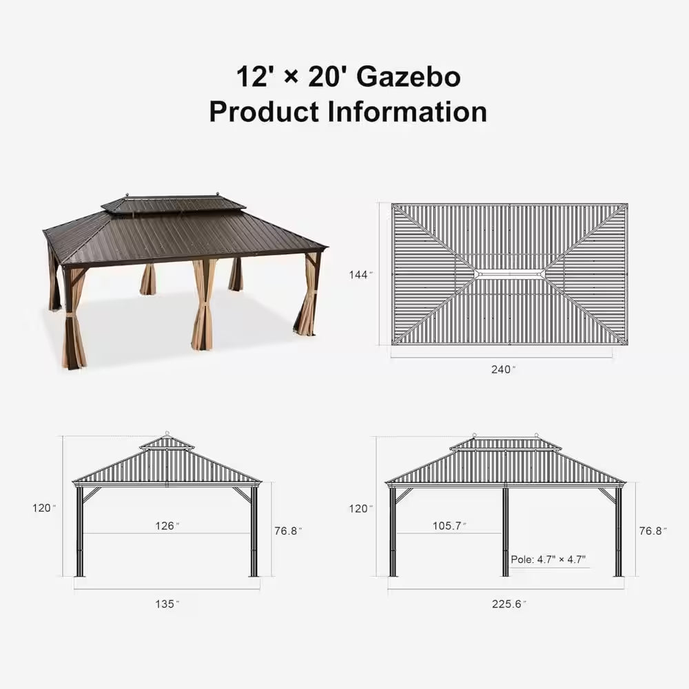12 Ft.X 20 Ft.Bronze Aluminum Power-Coated Frame Galvanized Steel Double Roof Hardtop Gazebo,Hooks,Netting,Khaki Curtain