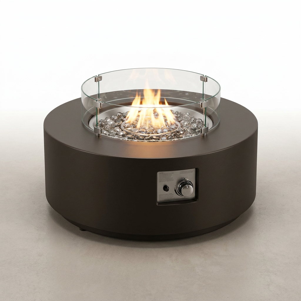 MGO Outdoor Propane Fire Pit Table with Wind Guard, Transparent Gray Fire Glass, Waterproof Cover for Garden, Backyard — Studio Shot