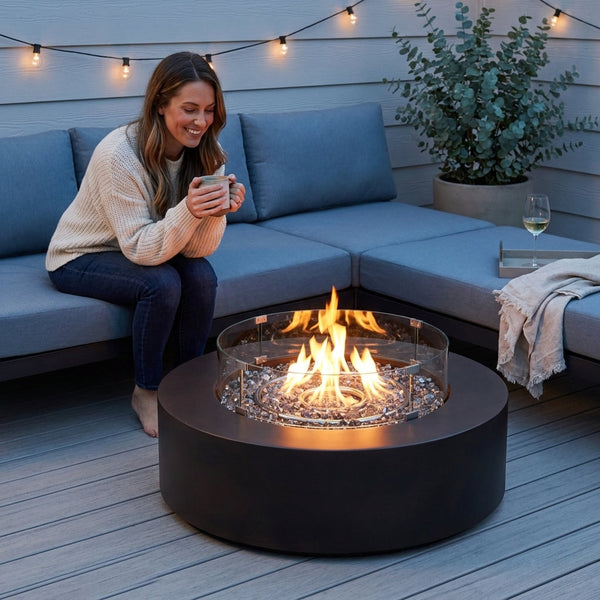 Propane Fire Pit Table Built for Year-Round Gatherings, Wind Guard Protection, Electronic Ignition, Waterproof Cover
