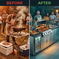 Modular Outdoor Kitchen BBQ Island, 104" Outdoor Kitchen Propane Gas Island Grill with Sink, Compact Refrigerator, Storage Cabinets, Rotisserie Kit (Silver, 104") — Before & After