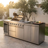 Modular Outdoor Kitchen BBQ Island, 104" Outdoor Kitchen Propane Gas Island Grill with Sink, Compact Refrigerator, Storage Cabinets, Rotisserie Kit (Silver, 104") — Studio Shot