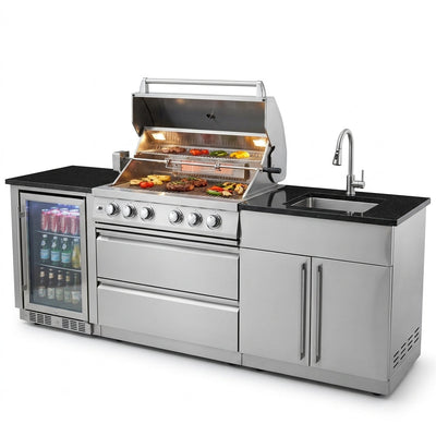 Modular Outdoor Kitchen Built for Complete Patio Cooking, Gas Grill, Sink, Refrigerator, Storage Cabinets