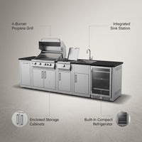 Modular Outdoor Kitchen BBQ Island, 104" Outdoor Kitchen Propane Gas Island Grill with Sink, Compact Refrigerator, Storage Cabinets, Rotisserie Kit (Silver, 104") — infographic
