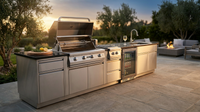 Modular Outdoor Kitchen BBQ Island, 104" Outdoor Kitchen Propane Gas Island Grill with Sink, Compact Refrigerator, Storage Cabinets, Rotisserie Kit (Silver, 104") — Lifestyle