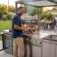 Modular Outdoor Kitchen BBQ Island, 104" Outdoor Kitchen Propane Gas Island Grill with Sink, Compact Refrigerator, Storage Cabinets, Rotisserie Kit (Silver, 104") — Lifestyle
