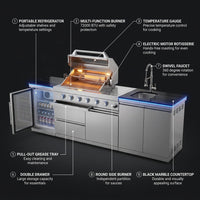 Modular Outdoor Kitchen BBQ Island, 104" Outdoor Kitchen Propane Gas Island Grill with Sink, Compact Refrigerator, Storage Cabinets, Rotisserie Kit (Silver, 104") — How It Works