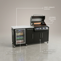 Outdoor Kitchen Island Built for Serious Cooks, Built-In Fridge, 4-Burner Grill, White Granite Top — infographic