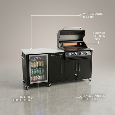 Outdoor Kitchen Island Built for Serious Cooks, Built-In Fridge, 4-Burner Grill, White Granite Top