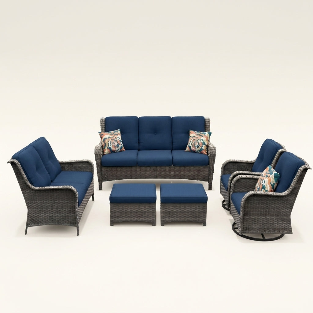 Patio Furniture Set 6-Piece Outdoor Patio Conversation Set with Blue Cushions Lawn Furniture — Studio Shot
