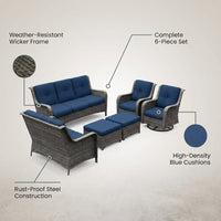 Patio Furniture Set 6-Piece Outdoor Patio Conversation Set with Blue Cushions Lawn Furniture — infographic