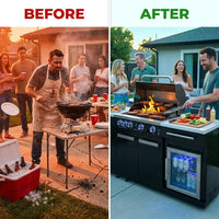 Premium 70" Black Stainless Steel Outdoor Kitchen Island with Refrigerator + 32"W 4-Burner BBQ Grill with Rear Burner — Before & After