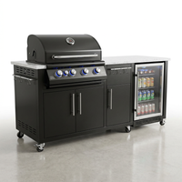 Premium 70" Black Stainless Steel Outdoor Kitchen Island with Refrigerator + 32"W 4-Burner BBQ Grill with Rear Burner — Studio Shot