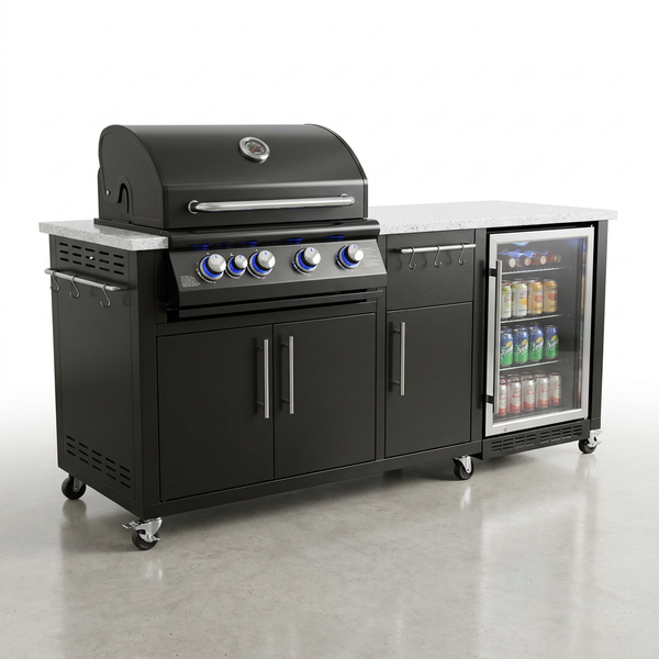 Outdoor Kitchen Island Built for Serious Cooks, Built-In Fridge, 4-Burner Grill, White Granite Top