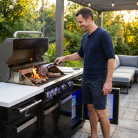 Premium 70" Black Stainless Steel Outdoor Kitchen Island with Refrigerator + 32"W 4-Burner BBQ Grill with Rear Burner — Lifestyle