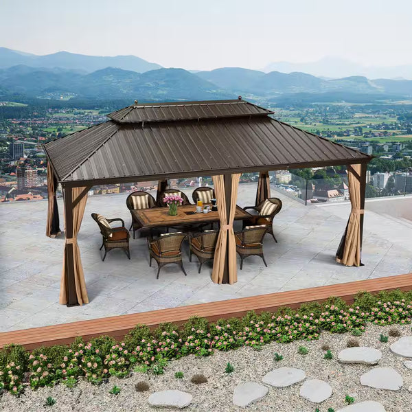 12 Ft.X 20 Ft.Bronze Aluminum Power-Coated Frame Galvanized Steel Double Roof Hardtop Gazebo,Hooks,Netting,Khaki Curtain