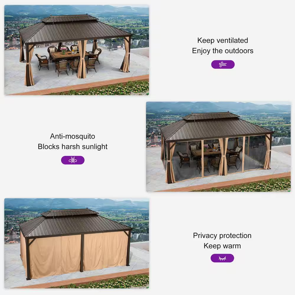 12 Ft.X 20 Ft.Bronze Aluminum Power-Coated Frame Galvanized Steel Double Roof Hardtop Gazebo,Hooks,Netting,Khaki Curtain