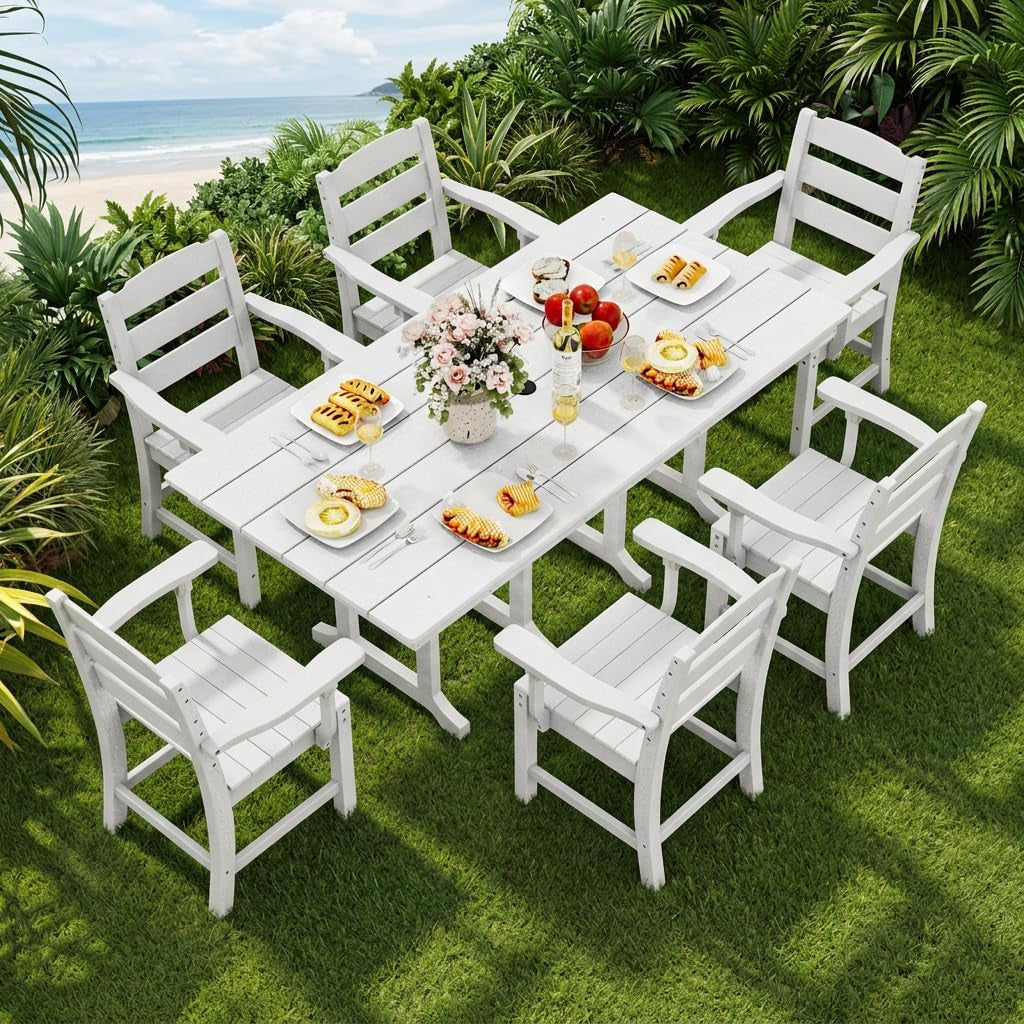 8 PCS HIPS Patio Dining Set W/13 Ft Double-Sided Patio Umbrella, 71" X 38" Rectangle Patio Dining Table with Chairs for 6, All-Weather Large Table for Deck Lawn Porch, White