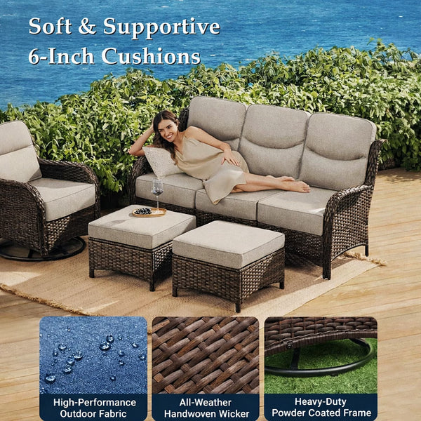 9 Pieces Patio Furniture Sets with Fire Pit Table,Swivel Chairs with 6" Thick Cushion,Sofa and Ottomans,Patio Conversation Sets for Porch Deck Garden Backyard