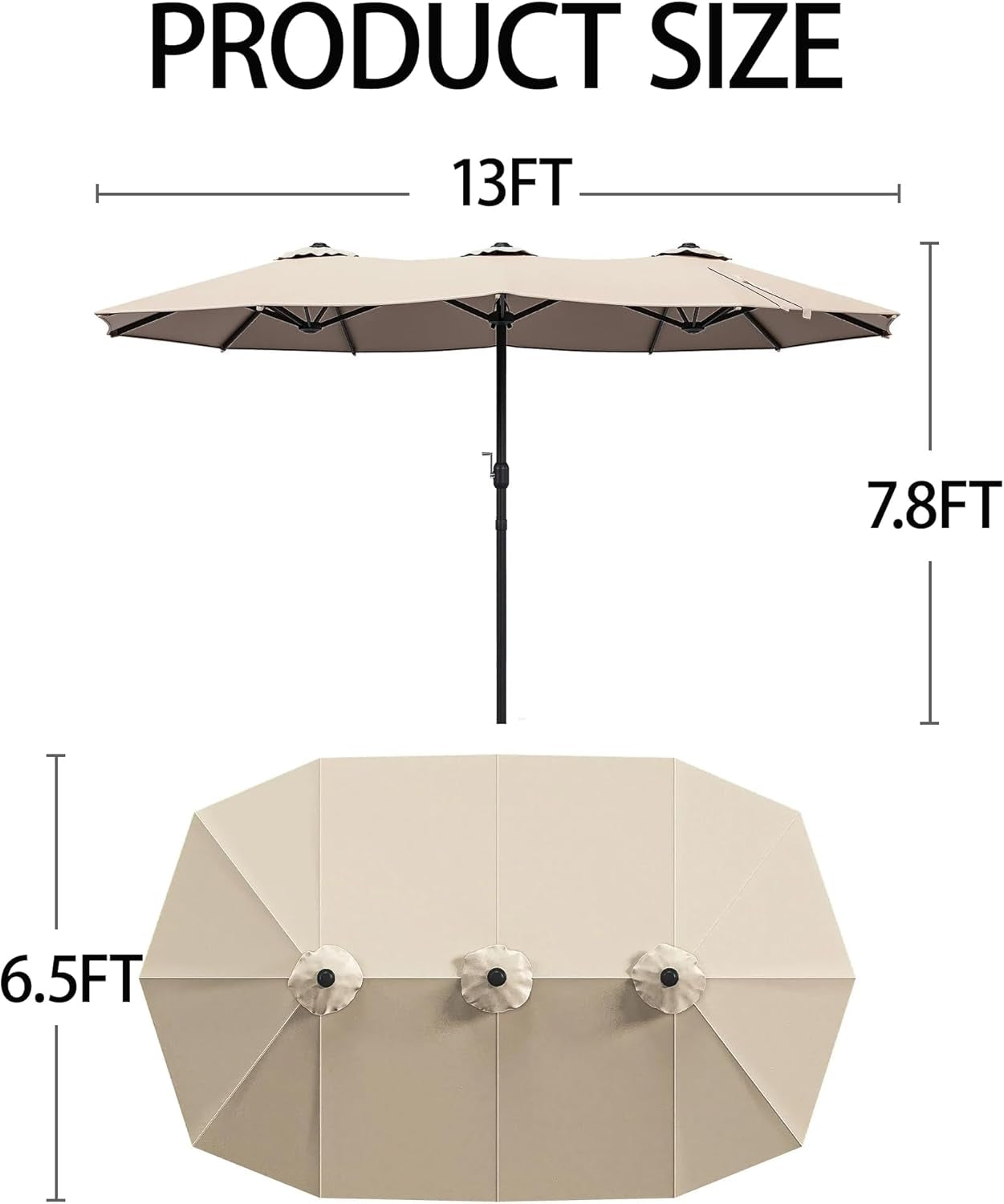 8 PCS HIPS Patio Dining Set W/13 Ft Double-Sided Patio Umbrella, 71" X 38" Rectangle Patio Dining Table with Chairs for 6, All-Weather Large Table for Deck Lawn Porch, White