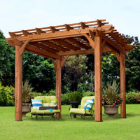 Outdoor Pergola Built for Natural Shade Creation, All Cedar Wood Construction, 10x10 Coverage, Ground Anchors