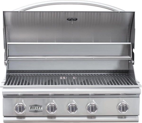 Bullet by Bull Yukon 5 Burner Outdoor Kitchen Grill, Built-In Gas Grill with 75,000 Btus of Heat, 304 Stainless Steel, Cast Iron Heat Treated Reliabull Bar Burners and Piezo Igniters