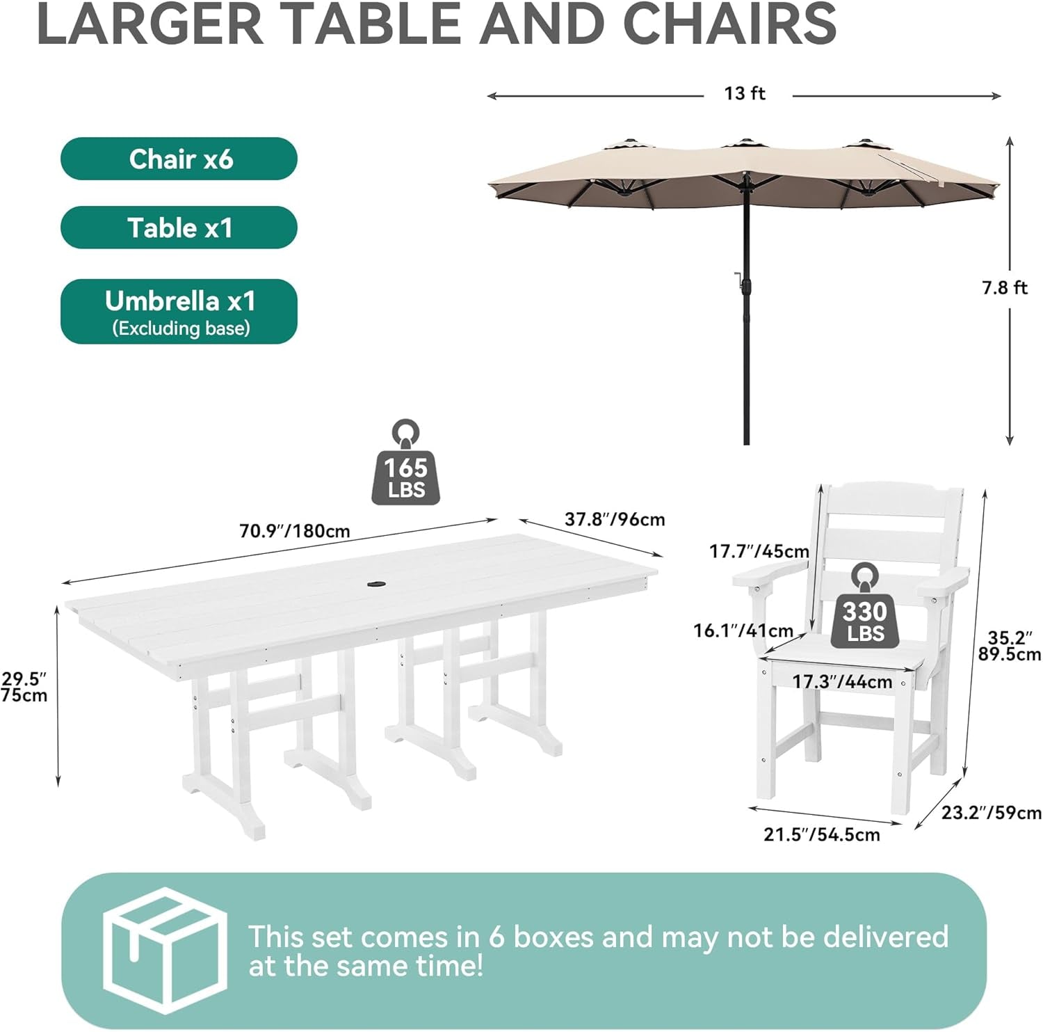 8 PCS HIPS Patio Dining Set W/13 Ft Double-Sided Patio Umbrella, 71" X 38" Rectangle Patio Dining Table with Chairs for 6, All-Weather Large Table for Deck Lawn Porch, White