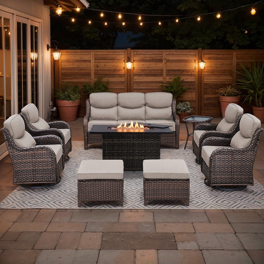 9 Pieces Patio Furniture Sets with Fire Pit Table,Swivel Chairs with 6" Thick Cushion,Sofa and Ottomans,Patio Conversation Sets for Porch Deck Garden Backyard