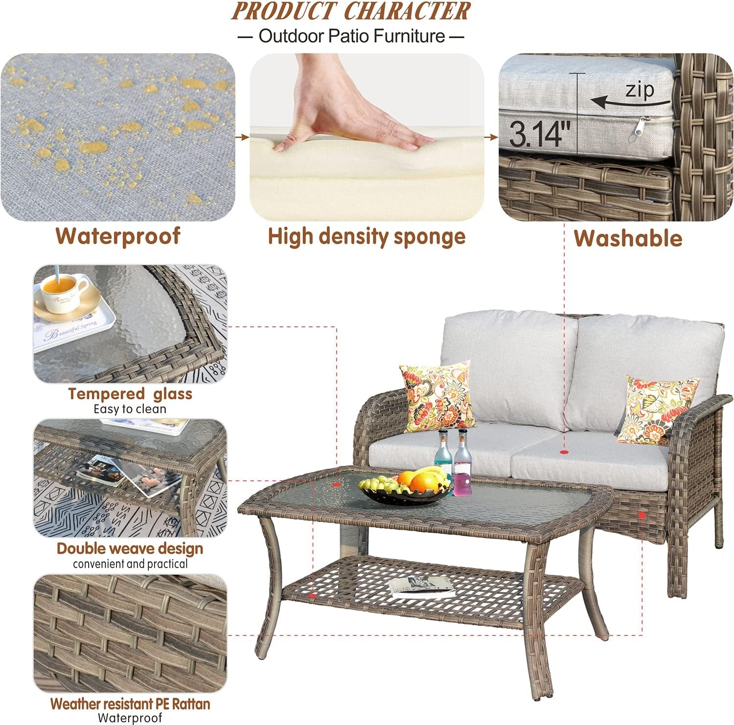 4 Pieces Outdoor Wicker Patio Furniture Set, All Weather Rattan High Back Loveseat with Cushions, Coffee Table and Armchairs, Modern Garden or Backyard Lounge Set (Grey Rattan-Grey Cushion)