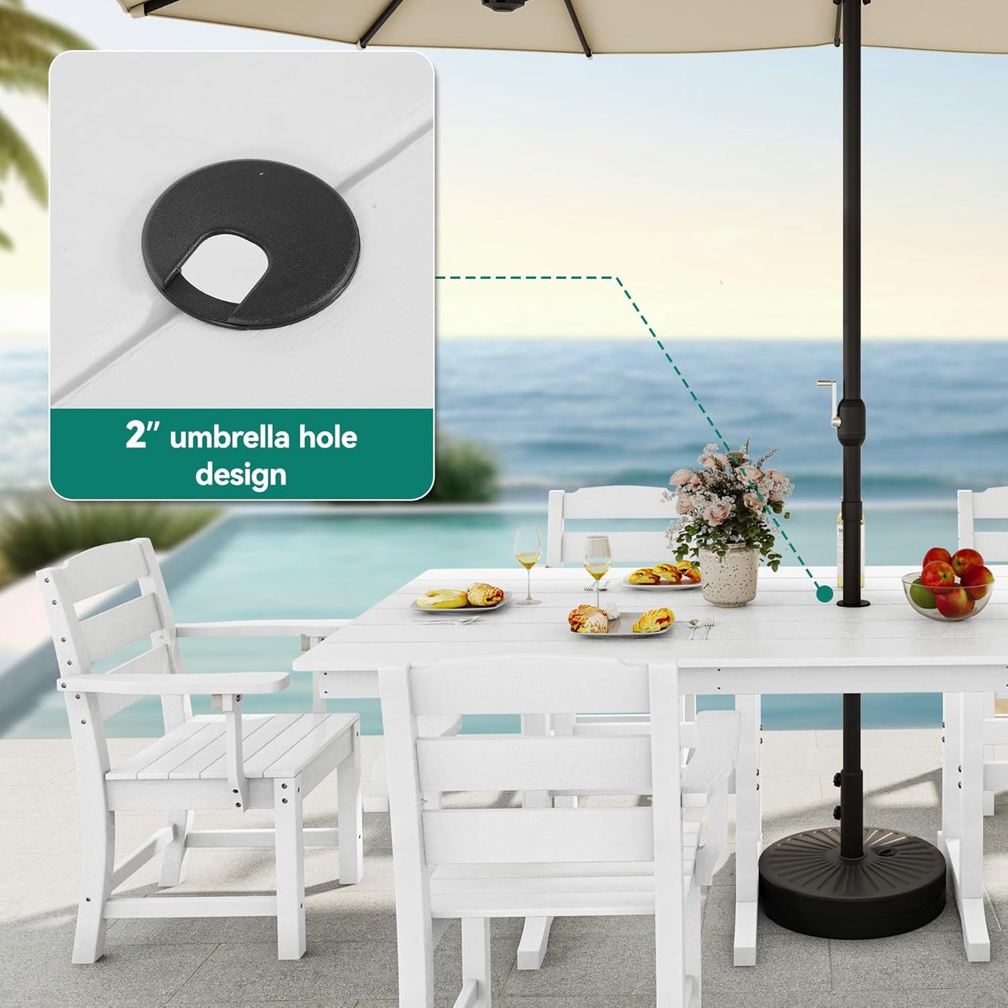 8 PCS HIPS Patio Dining Set W/13 Ft Double-Sided Patio Umbrella, 71" X 38" Rectangle Patio Dining Table with Chairs for 6, All-Weather Large Table for Deck Lawn Porch, White