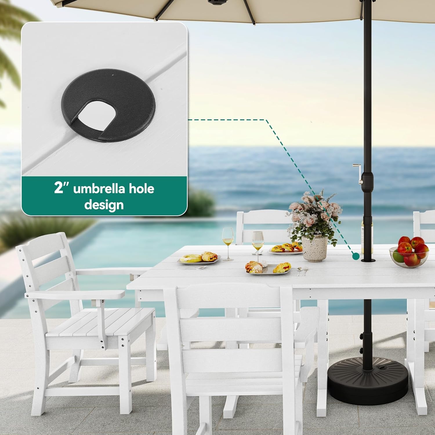 8 PCS HIPS Patio Dining Set W/13 Ft Double-Sided Patio Umbrella, 71" X 38" Rectangle Patio Dining Table with Chairs for 6, All-Weather Large Table for Deck Lawn Porch, White